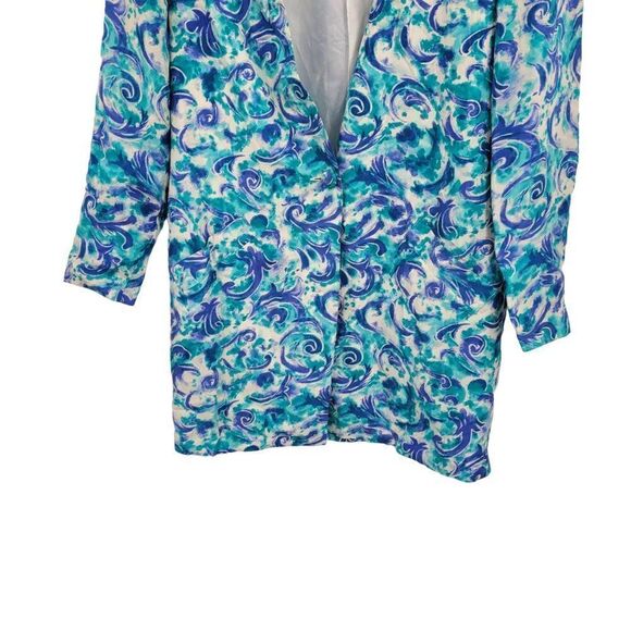 Vintage 80's Blazer Silk Duster Single Breasted Button Longline Blue Swirl 6 - Picture 6 of 11